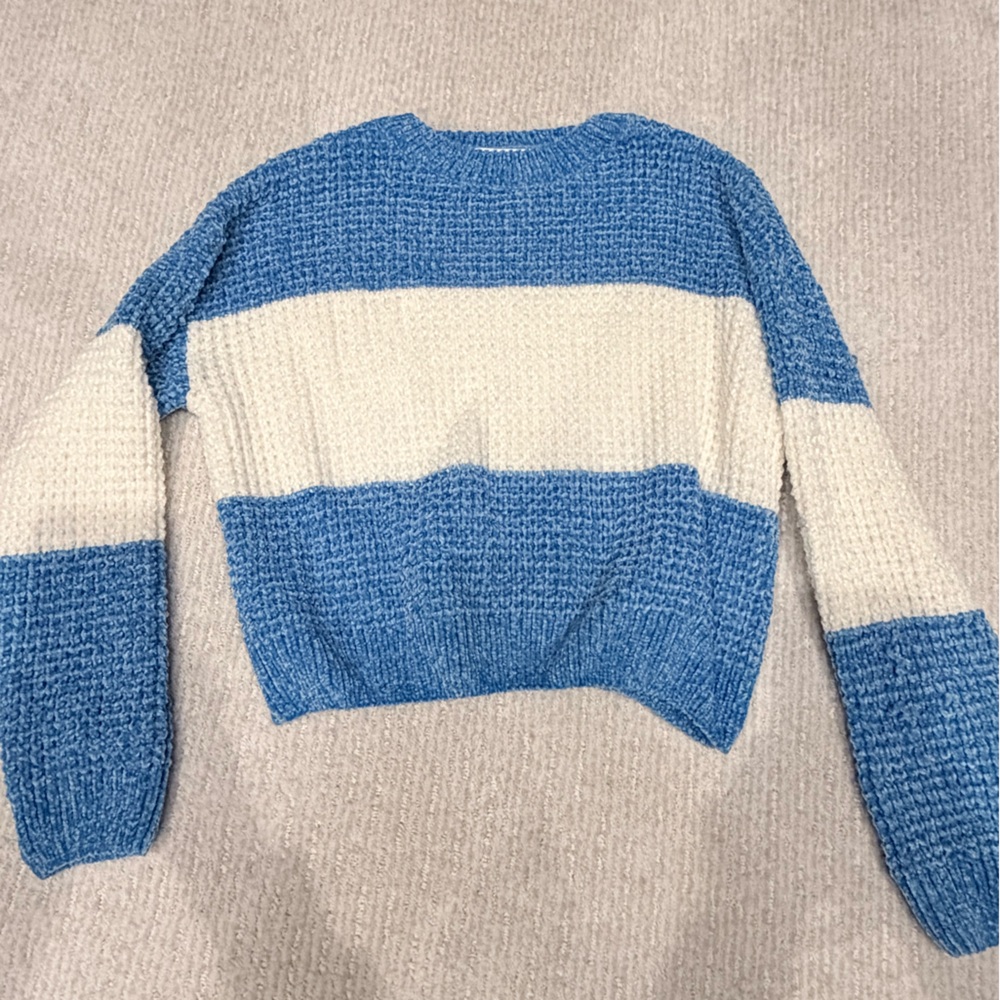 Altar'd State Blue and Cream Chenille Crew Neck Sweater
